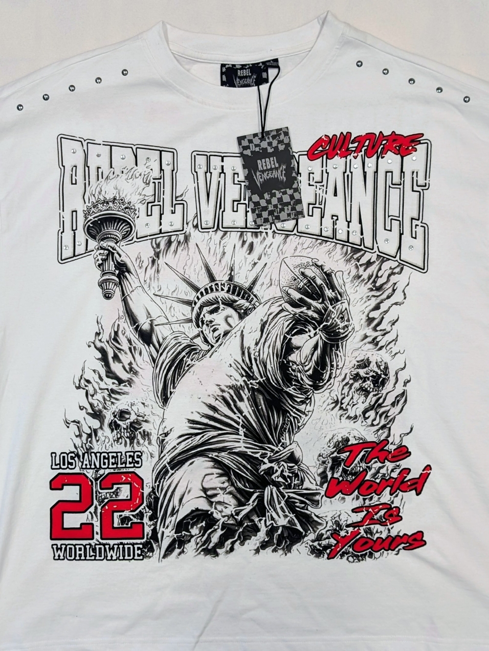 Rebel Vengeance Studded Statue of Liberty Los Angeles Graphic T-Shirt NWT L